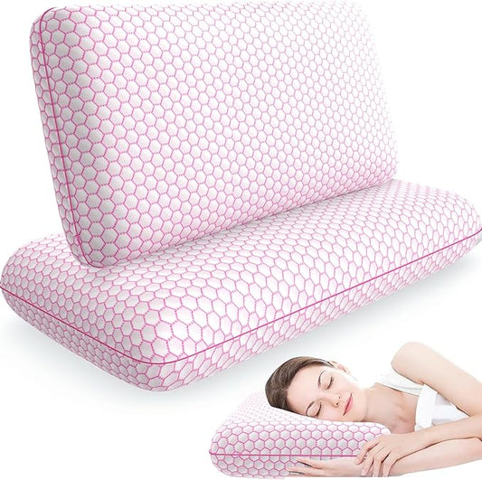 Memory Foam Pillows for Side, Back and Stomach Sleepers, Set of 2, Bed Pillow with Washable Cover and Breathable Mesh, Bed Pillow for Sleeping (Pink,Queen Size)