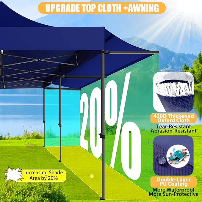 COBIZI 10x20 Pop Up Canopy Tent with Awning,Heavy Duty Canopy UPF 50+ All Season Wind Waterproof Commercial Outdoor Street Vendors Party Tents for Parties Canopy with Roller Bag(10 x 20 ft Dark Blue)