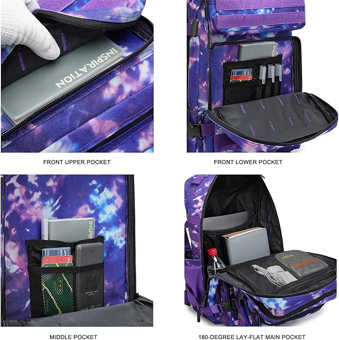 Military Tactical Backpack 45L Bug Out Bag Assault Pack Molle Daypack Hiking Gym Rucksack with Bottle Holder(Purple tie dye)