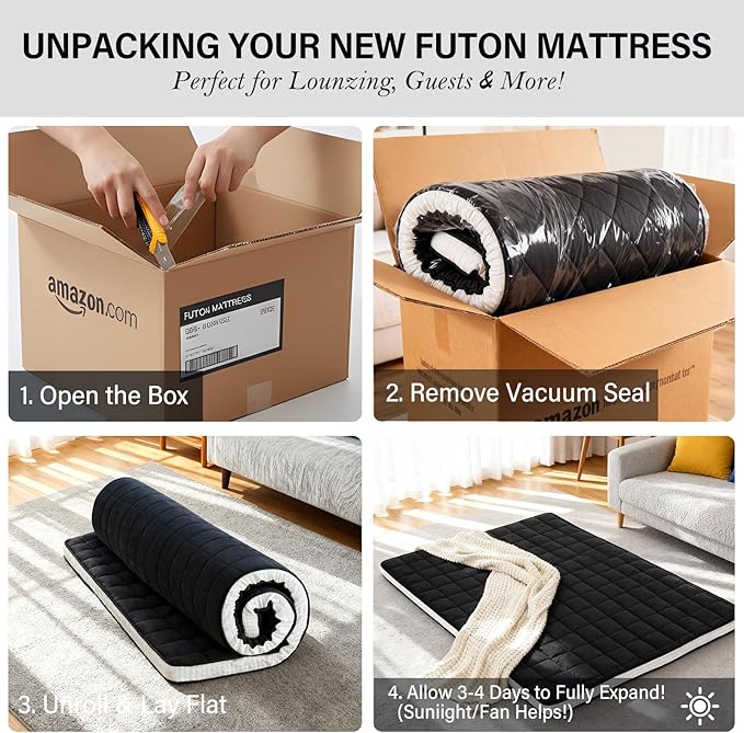 Tiita Japanese Floor Mattress, 4” Thicken Futon Mattress with Storage Bag and 2 Straps, Full Size Sleeping Tatami Mat for Adults,Black