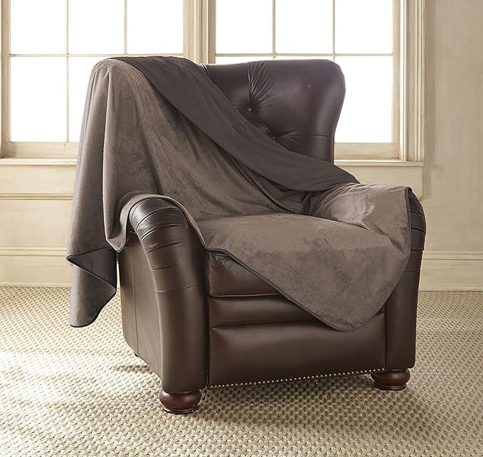 Mambe Silky Waterproof Throw for Protecting Furniture Bed Couch from Stains Caused by Dogs, Cats, Incontinence. Soft, Washable, Reversible. (Size Long/Sofa 70x120 inches, Color Chocolate/Cappuccino)