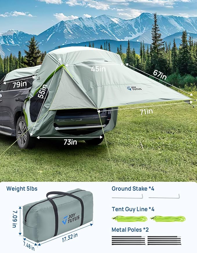 JOYTUTUS SUV Tailgate Tent with Three Sides Awning and Poles, Water Resistant SUV Camping Tent with Car Roof Cover, Tent Attaches to Car Truck, Universal Fit Most SUVs, Cars, Grey Green, Large