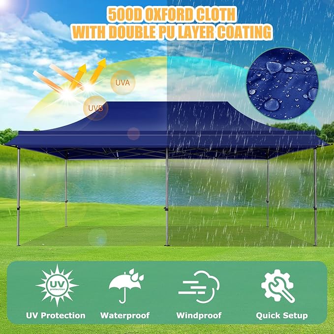 COBIZI 10x20 Pop Up Canopy Tent with Awning,Heavy Duty Canopy UPF 50+ All Season Wind Waterproof Commercial Outdoor Street Vendors Party Tents for Parties Canopy with Roller Bag(10 x 20 ft Dark Blue)