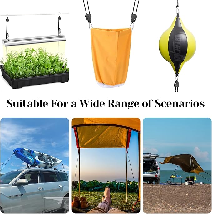 CONBOLA Suction Cups Hooks with 1/8" Adjustable Grow Light Hangers 13 ft with Reinforced Metal,Heavy Duty Ratcheting Pulley System for Camping Gardening and Various Tie-Down Uses.(4-Pack Set)