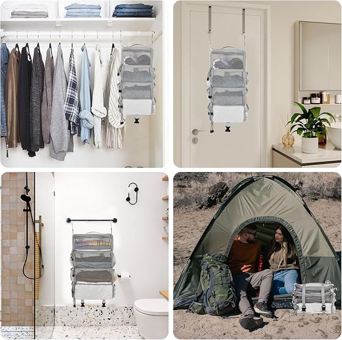 Surblue Travel Hanging Packing Cubes with 2 Hooks Hanging Shelves for Luggage Organizers Portable Compression 4 Shelf Closet Carry-on Suitcases Organizers, Medium, Lightgrey