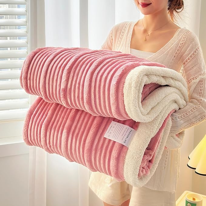UKELER Sherpa Throw Blankets 60 × 80 inch, 470 GSM Striped Sherpa Fleece Blanket for All Season, Warm and Cozy Blanket for Couch Sofa Bed Office Camping, Pink