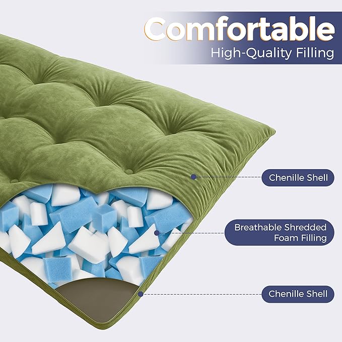 MAXYOYO Floor Mattress Full Size, 6" Chenille Japanese Futon Mattress Foldable Floor Bed for Adults Tufted Roll Up Floor Couch Bed, Tatami Mat Sleeping Pad for Living Room, Bedroom, Green