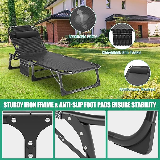 LILYPELLE Lounge Chair with Mattress, Heavy Duty Outside Lounge Chair Outdoor Portable Folding Lounge Chairs Sleeping Cots Bed for Camping, Pool, Beach, Patio
