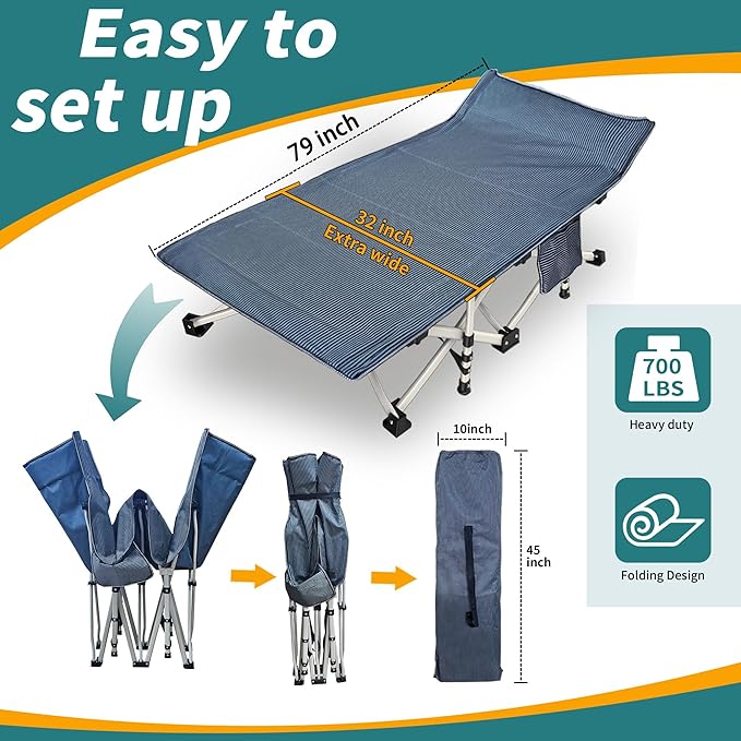 2 Pack 79" L x 32" W x 18" H Oversize XXL Camping Cot with Comfortable Mattress for Adults Extra Wide Cots for Sleeping Heavy Duty Folding Cot Camping Bed with Carry Bag for Home Office Outdoor