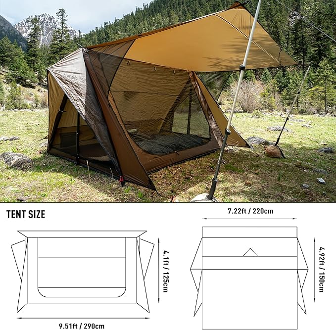 POMOLY Bushcraft Shelter Trekking Pole Tent 20D Nylon Ripstop, STOVEHUT Ultralight Backpacking Tent with Porch for Camping Hiking