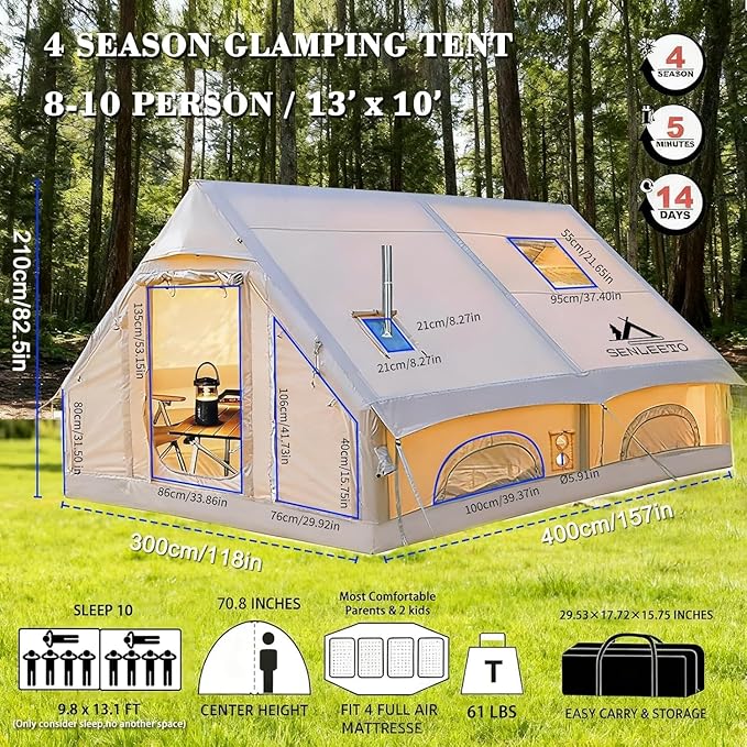 Inflatable Camping Tents 8-10 Person,129 Square Feets Large Inflatable Camping Tent with Stove Jack,Blow up Tent with Mesh Windows & Pump