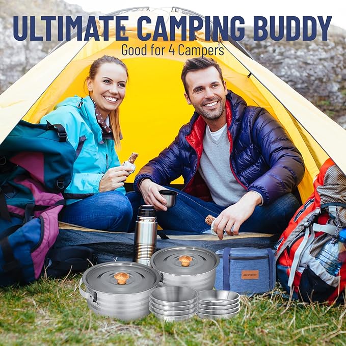 WEALERS Camping Cookware & Dinnerware Set- 17 Pieces Stainless Steel Pots and Pans Set with Plates, Bowls & Sporks in Travel Mesh Bag for Camping, Trekking, Backyard Picnic & Backpacking Gear