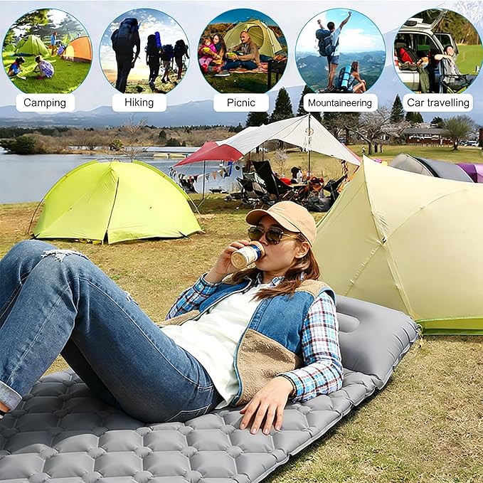 SNZ Camping Sleeping Pad, Ultralight Camping Mat with Pillow, Built-in Foot Pump Inflatable Sleeping Pads Compact for Backpacking, Tent, Travel, Outdoor Activities (Single)