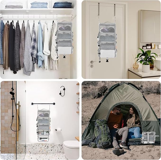 Surblue Travel Hanging Packing Cubes with 2 Hooks Hanging Shelves for Luggage Organizers Portable Compression 4 Shelf Closet Carry-on Suitcases Organizers, Small, Lightgrey