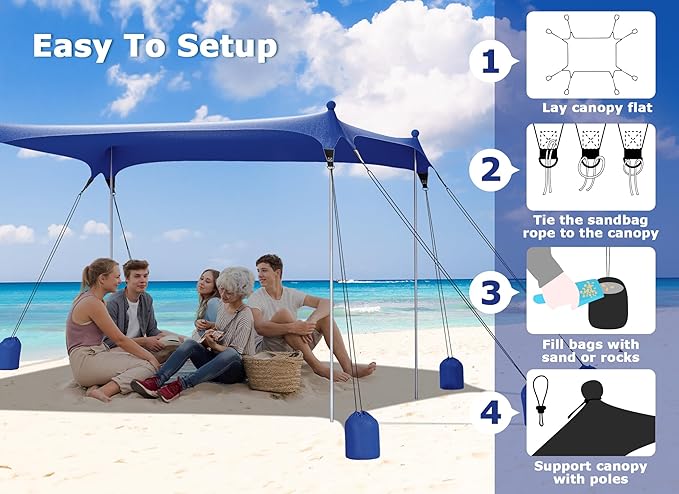 Gorich Beach Tent Sun Shelter with 8 Sandbags, UPF50+ Protection & Windproof Pop Up Beach Canopy Tent Sun Shade for Family, Travel & Camping, Easy Setup Canopy Umbrella