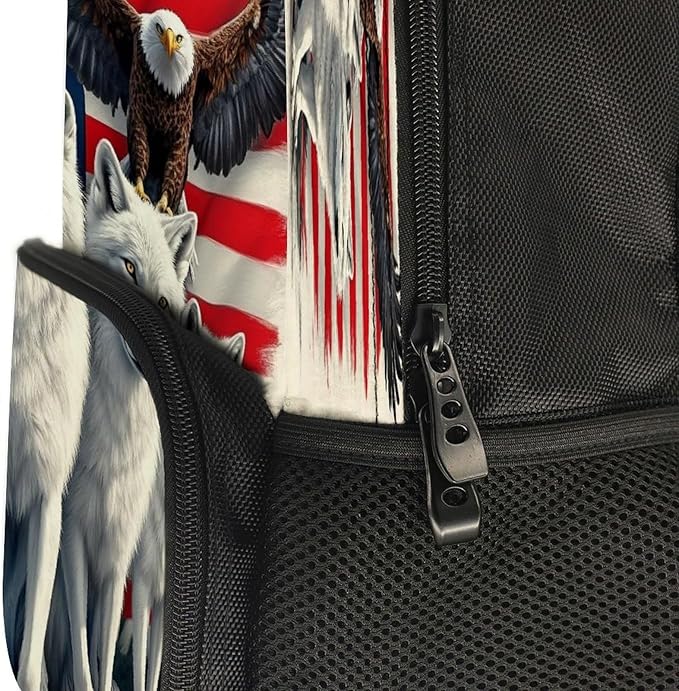 Rucksacks Polyester Anti-Theft Multipurpose American Flag Eagles Wolf Art Carry On Bag Large Capacity Gym Outdoor Hiking Backpack With Smooth Zippers