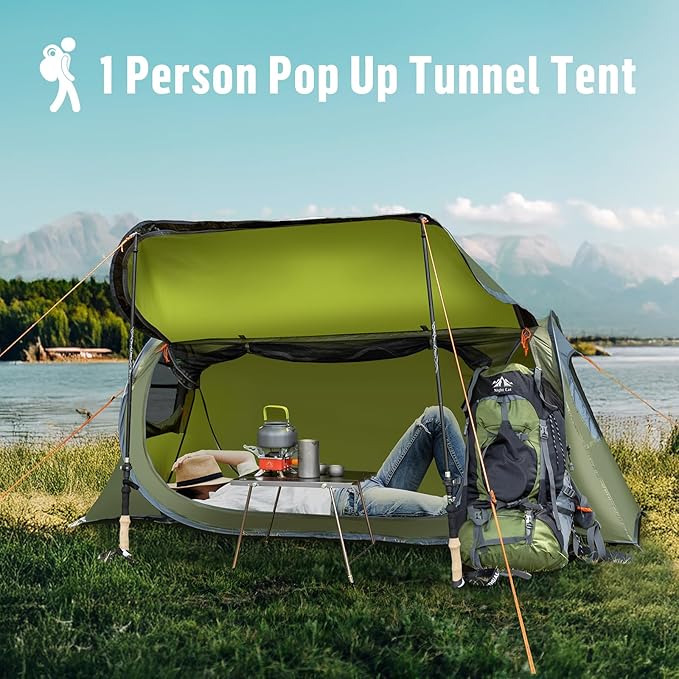 Night Cat Pop-up Camping Tent: 1 Person Tent Waterproof Instant Easy Setup Tunnel Tent Fits with Camping Cot (Excluded)