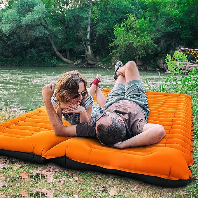 Double Sleeping Pad for Camping, 4" Extra Thick Self-Inflating Air Mattress - 2 Person Inflatable Camping Mat with Built-in Foot Pump & Pillow, Backpacking Hiking Tent Travel-Orange