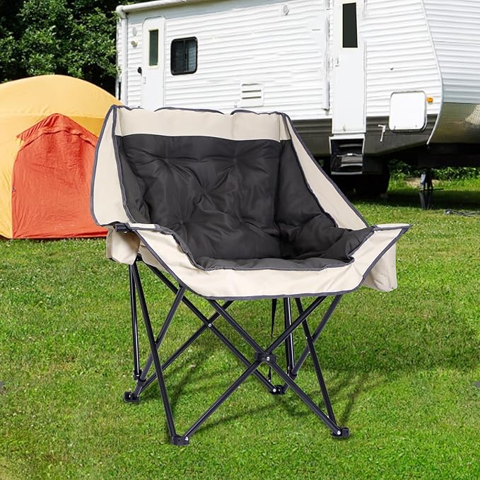CDEN Camping Chair, Thick Padded Lawn Chair, Oversized Camping Chair, Deluxe, with Cup Holder, Side Pocket, Cooler Bag, for Camping, Hiking, Picnic, Travel, Festival (1 Pack)