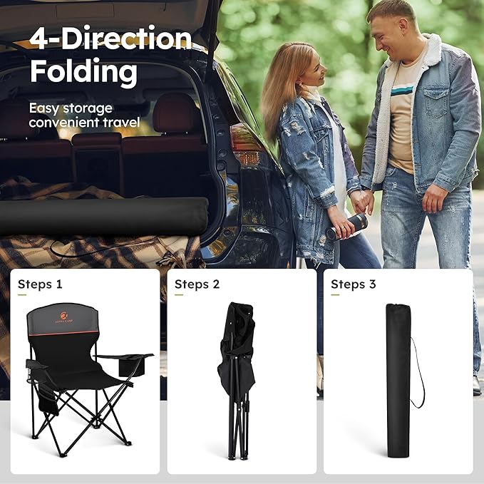 ALPHA CAMP Camping Chair 2 Pack Portable Chair with 3-Can Cooler Folding Chair with Side Pocket and Cup Holder, Collapsible for Camping, Tailgates, Beach, Fishing and Sports,2PC