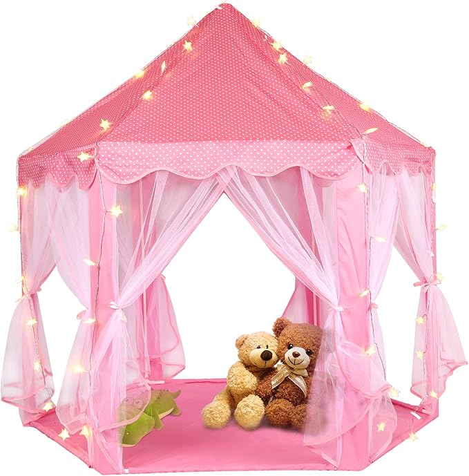 Princess Tent with LED Star Lights,Kids Castle Play Tent for Girls,Large Playhouse Girl Toy Gifts Age 3+,Indoor and Outdoor Games 55.5"x 53"(DxH)