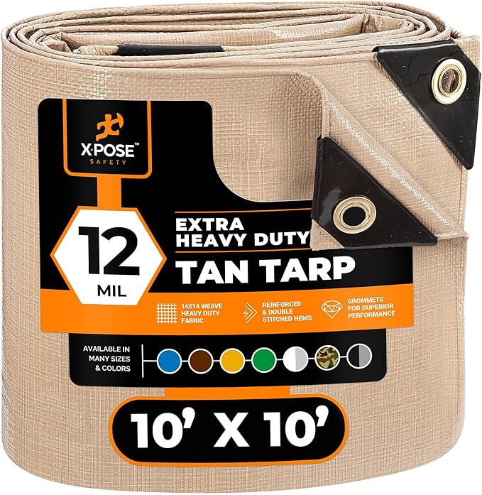 Heavy Duty Tan Poly Tarp 10' X 10' - Multipurpose Protective Cover - Durable, Waterproof, Weather Proof, Rip and Tear Resistant - Extra Thick 12 Mil Polyethylene - by Xpose Safety