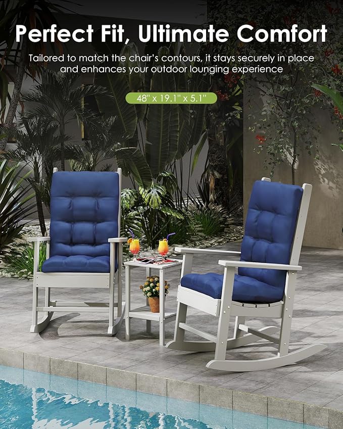 GREENVINES Rocking Chair Cushions Set of 2 | Polyester | Waterproof | Outdoor High Back Rocker Chairs Cushion | Seat with Ties | Non-Slip | Thickened Pad for Patio | 46.5" x 18.5" x 4.3" | Blue