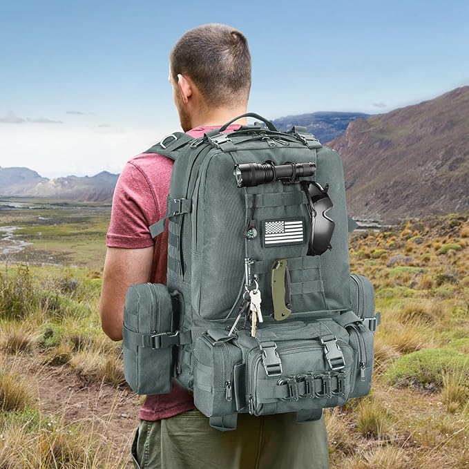 CVLIFE 60L Tactical Backpack for Men Women Military Large Army Rucksack With D-Ring Molle Clips Compass Accessories 3 Day Bug Out Survival Molle Bag Hiking Camping Gym Daypack Backpack, Grey