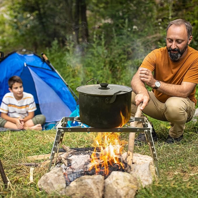 REDCAMP 12" Portable Open Fire Campfire Grill, 304 Stainless Steel Firepit Folding Campfire Grill Grate with Windscreen Height Adjustable Legs and Bag for Outdoor Backpacking Hiking Picnics BBQ