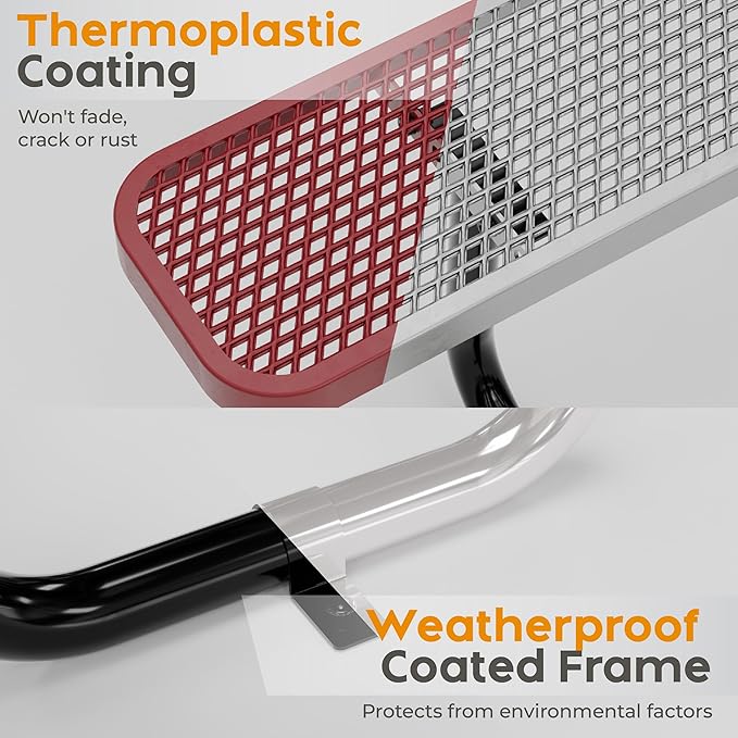 Metal Picnic Furniture for Outdoors with Umbrella Hole - Coated Steel Heavy Duty Commercial Grade Table with Adjustable Seats, Patio Set for a Lifetime (Red, 6' Rectangular)