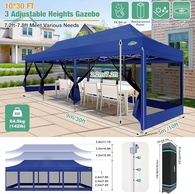 COBIZI 10x30 Canopy Tent, Heavy Duty Pop up Canopy with Sidewalls, Waterproof Easy Setup Canopy with Mosquito Netting, Outdoor Instant Screen Tents for Parties, Wedding with Roller Bag, Dark Blue
