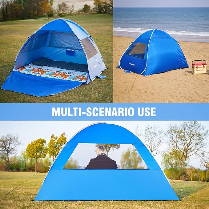 EchoSmile Pop Up Beach Tent for 4 Person Family, UPF 50+ Sun Shelter & Waterproof Beach Shade for Kids, Automatic Easy Setup Portable Cabana for Outdoor Travel (Dark Blue)