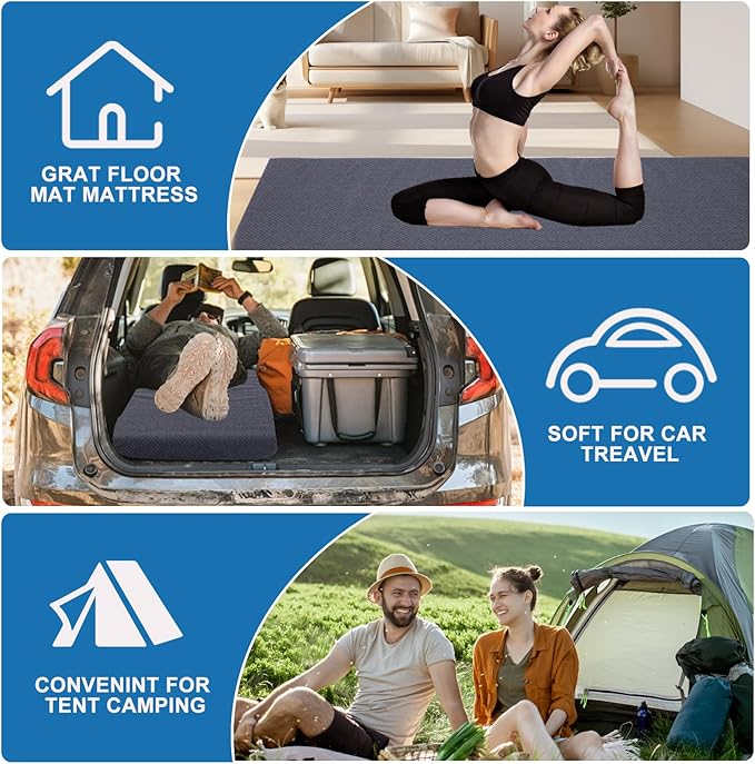 Thick Memory Foam Camping Mattress - CertiPUR-US Foam Portable Sleeping Pad for Adults, Folding Camping Bed Mat, Lightweight Cot Mattress Topper for Outdoor, RV, Travel & Backpacking