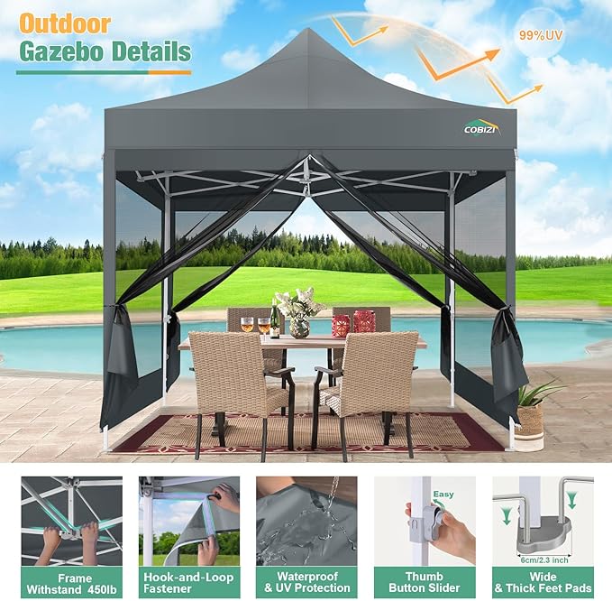 COBIZI 10x10 Canopy Tent, Heavy Duty Pop up Canopy with Sidewalls, Waterproof Easy Setup Tent with Mosquito Netting, Outdoor Instant Screen Tents for Parties, Wedding, Backyard with Carry Bag, Gray