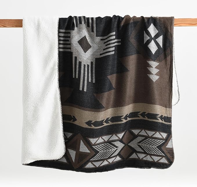 Aztec Patterned Throw Blanket with Soft Sherpa Lining, Traditional Southwestern Navajo with Cross Pattern Warm Throw for Camping, Outdoor, Light Weight Cozy Boho Blanket for Couch, Bed, 50”x60”, Brown