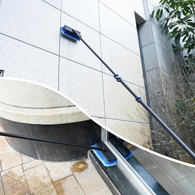 DOBEN 4.7-24FT Carbon Fiber Telescopic Extension Pole with Car Wash Brush Head, Bi-Level Soft Scrub Brush with Long Handle for RVs, Cars, Trucks, House Siding, Deck, Floors