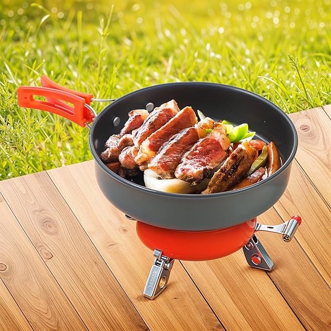 8pcs Camping Cookware Camping Pots and Pans Set with Kettle Plastic Bowls and Soup Spoon for Camping, Backpacking, Outdoor Cooking and Picnic