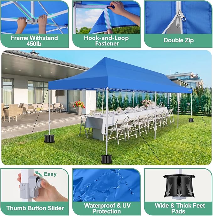COBIZI 10x30 Canopy Tent, Heavy Duty Pop up Canopy with Sidewalls, Waterproof Easy Setup Canopy with Mosquito Netting, Outdoor Instant Screen Tents for Parties, Wedding with Roller Bag, Blue