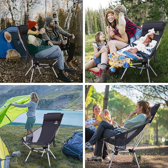 Nice C Ultralight High Back Folding Camping Chair, Backpacking Chair, Compact & Heavy Duty Outdoor, Travel, Picnic, Festival with 2 Side Pockets, Pillow &Carry Bag (Set of 2 Black)