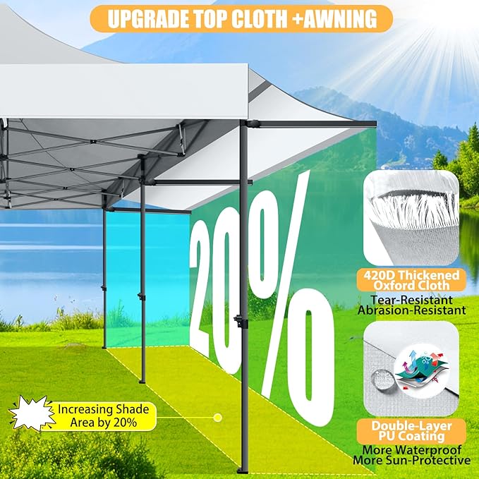 COBIZI 10x20 Pop Up Canopy Tent with Awning,Heavy Duty Canopy UPF 50+ All Season Wind Waterproof Commercial Outdoor Street Vendors Party Tents for Parties Canopy with Roller Bag(10 x 20 ft White)