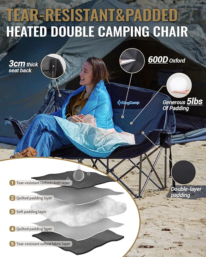 KingCamp Heated Double Camping Chair, Oversized 660lbs Heavy Duty Loveseat for Adults Portable Folding XL 2 Person Couch Padded Comfortable with 3 Heat Levels for Outdoor Sports Lawn, Black/Grey