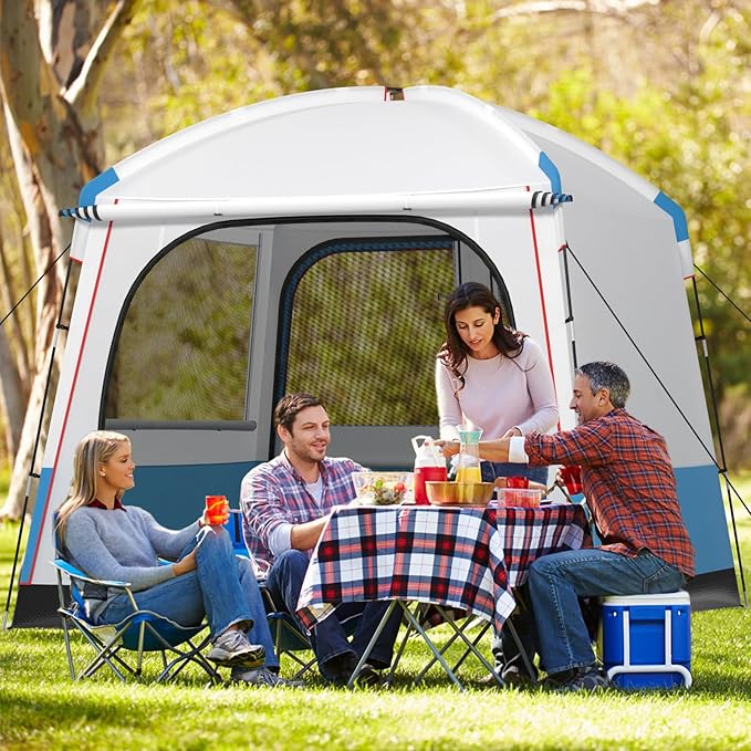 Goplus 3-5 Person Camping Tent, Portable Cabin Shelter w/Large Double-Layer Mesh Front Door, Mesh Screen Windows, Carry Bag, Waterproof & Windproof Large Family Tent for Backpacking Hiking Trip