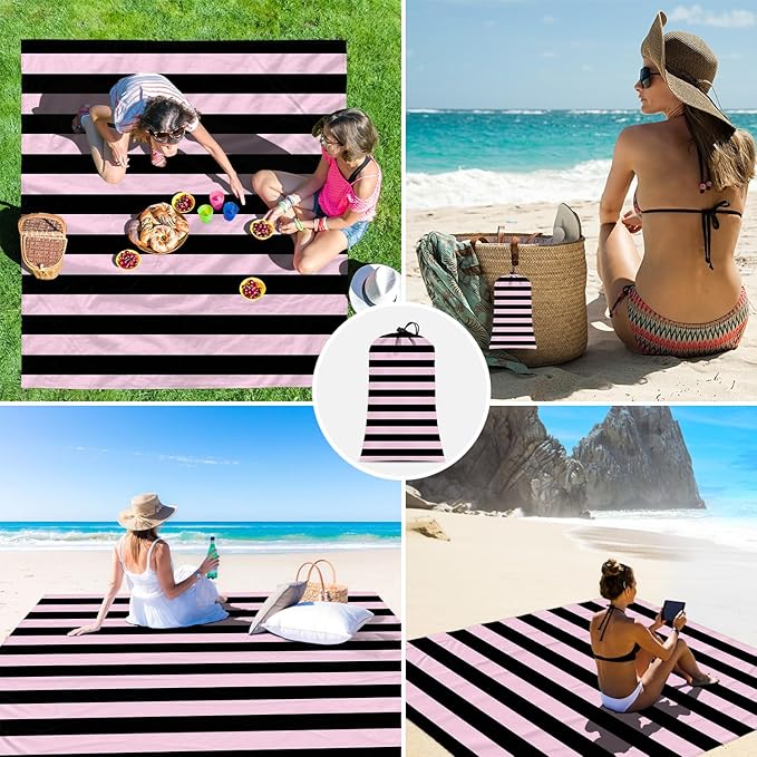 Beach Blanket Waterproof Sandproof, Oversized Picnic Blankets with Stakes – Lightweight Quick-Drying, Extra-Large Pink and Black Striped Beach Mat for Outdoors, Camping, Hiking Trips
