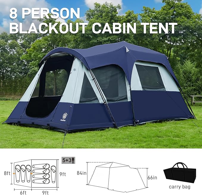 EVER ADVANCED 10 Person Camping Blackout Design Tent, Multi Room Tent for Family, Large Tents with Rainfly and Carry Bag, 2 Doors, Water-Resistant, 14ft x 10ft x 84in
