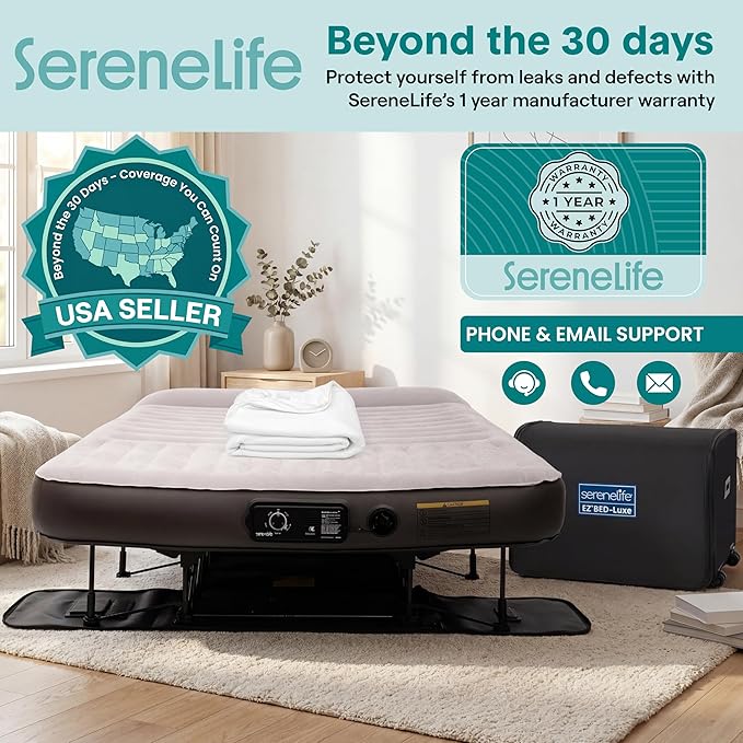 SereneLife (Queen) EZ Bed Luxe Air Mattress with Frame and Rolling Case - Luxury Series with Bonus Memory Foam Cover, Constant Comfort Pressure Maintaining Pump, Built-in Headrest, Wall Plug AC
