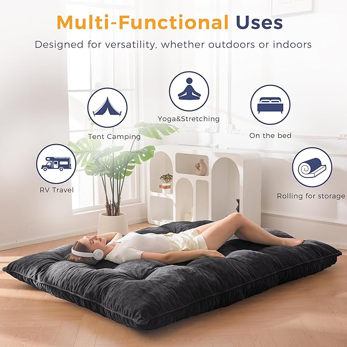 MAXYOYO Floor Mattress Queen Size, 6" Chenille Japanese Futon Mattress Foldable Floor Bed for Adults Tufted Roll Up Floor Couch Bed, Tatami Mat Sleeping Pad for Living Room, Bedroom, Black