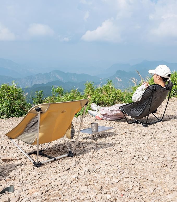 iClimb Low Ultralight Compact Camping Folding Chair with Side Pocket and Carry Bag (Black Grid)