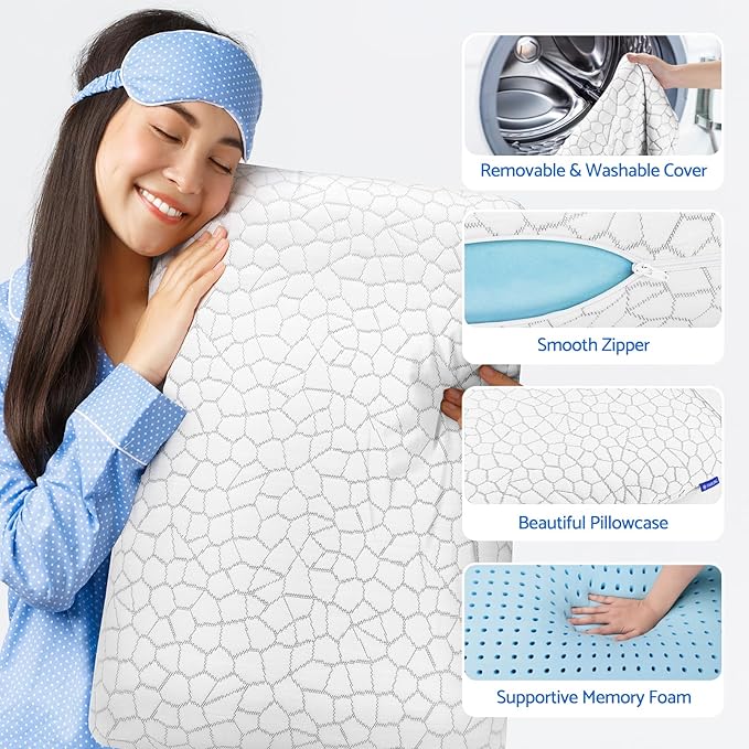 Memory Foam Pillows for Sleeping, Cooling Pillow with Removable and Machine Washable Cover, Bed Pillow for Side, Back and Stomach Sleepers, Queen Size (1 Pack)