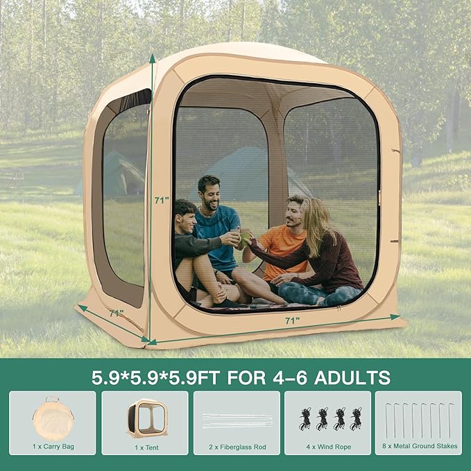LILYPELLE Screen House Pop-Up Canopy Instant Tent Outdoor Camping Tent with Carry Bag for Patio, Backyard, Deck & Outdoor Activities, Khaki