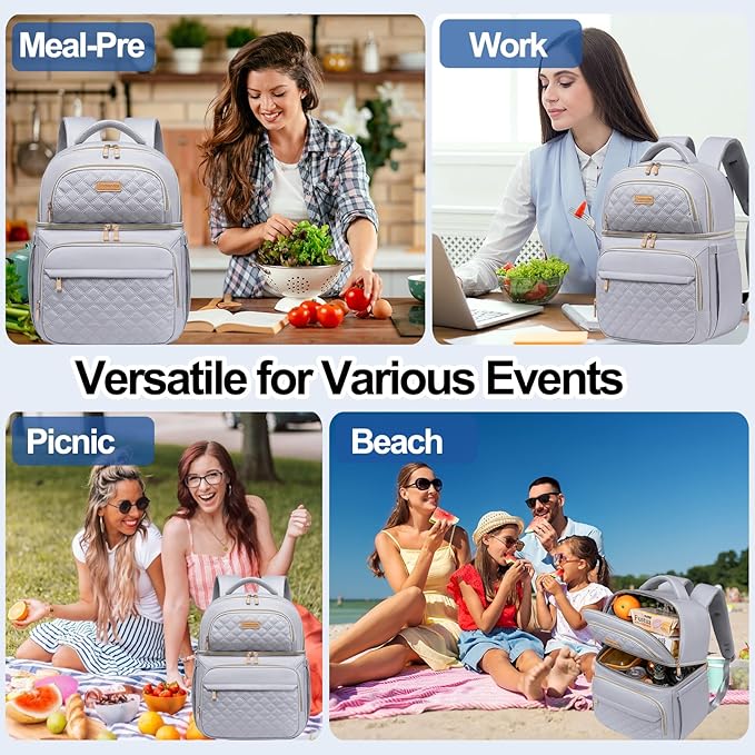 Lunch Backpack Insulated Coolers Backpacks - Lunch Bag for Women Double Decker Lunch Box, Leakproof Lunchbag Large Lunchbox Back Pack Lunch Cooler Bag for Picnic Beach Camping Work